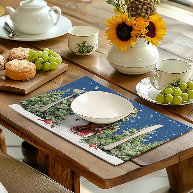 Blue Snowman Christmas Placemats Set of 4 Xmas Tree Cardinal Snowflakes Linen Table Mats Seasonal Winter Holiday Place Mats Washable Placemat for Party Kitchen Dining Outdoor Indoor Decor-Ruum Studio Home