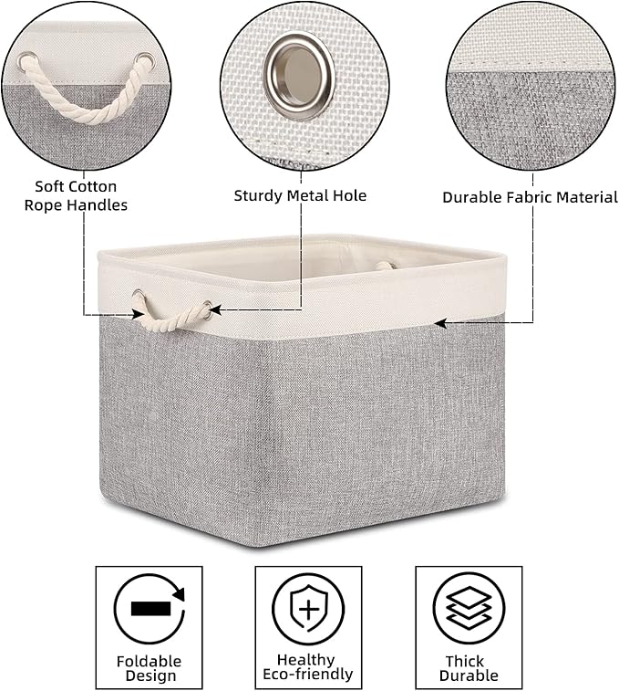 Bidtakay Storage Baskets for Organizing Large Storage Bins for Shelves 2 Pack 16x12 in Fabric Baskets for Blanket Nursery Toy Storage Collapsible Organizer Bins Closet Organizers Storage-Grey&White-Ruum Studio Home