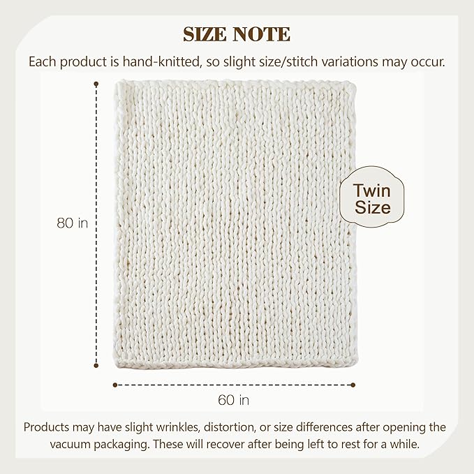 Carriediosa Chunky Knit Throw Blanket 60" X 80" Twin, 100% Hand Made Large Chenille Loop Yarn Soft Fluffy Throws for Couch Sofa Bed, Big Crochet Cozy Heavy Thick Cable Woven Blankets, Cream White-Ruum Studio Home
