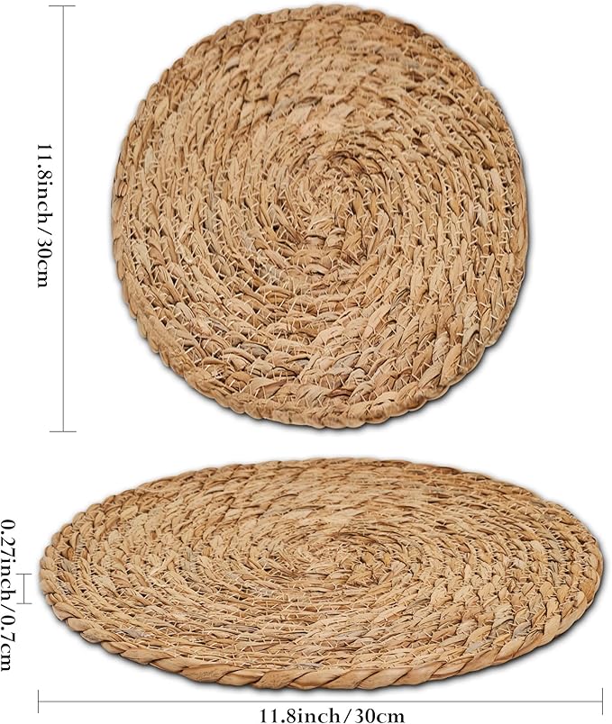 Defined Deco Woven Placemats Set of 6,12" Round Rattan Placemats,Natural Hand-Woven Water Hyacinth Placemats,Farmhouse Weave Place Mats,Rustic Braided Wicker Table Mats for Dining Table,Home,Wedding.-Ruum Studio Home
