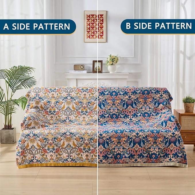 Boho Throw Blanket for Couch,100% Cotton Summer Blanket for Bed, Ultra Soft Rustic Quilt for Bed, Home Decor, Boho Picnic Blankets with Bird and Flowers for All Seasons,Twin 60"x80"-Ruum Studio Home