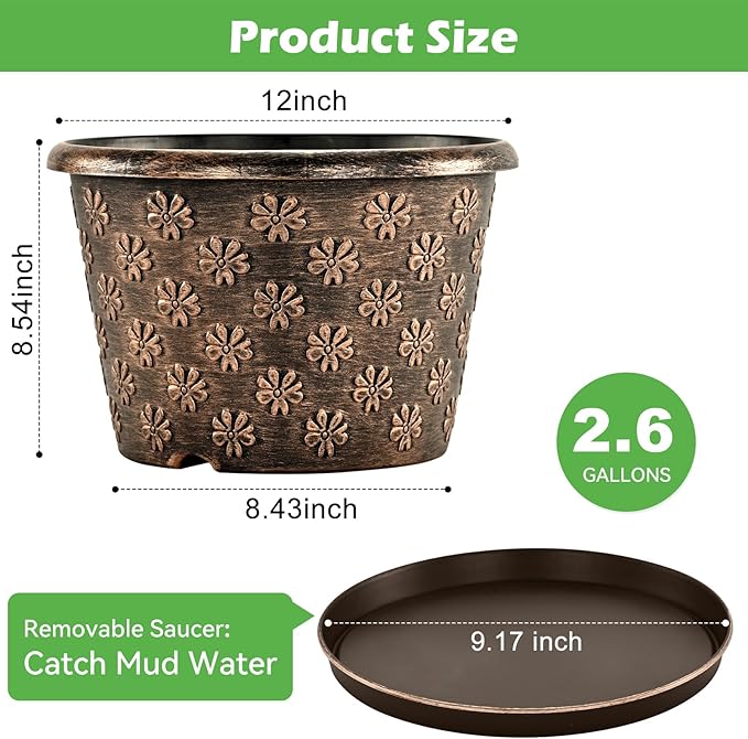 12 Inch Planter Pots for Plants, Plastic Large Flower Pots Indoor Outdoor, 4 Pack Resin Plant Pot with Drainage & Saucer, Retro Decorative Garden Pot with Removable Trays for House-Ruum Studio Home