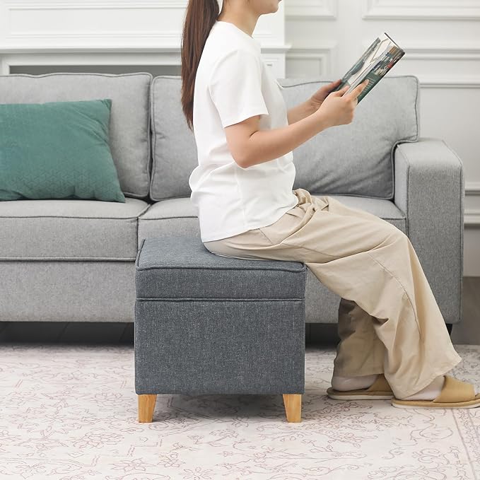 Adeco 17.5" Square Fabric Ottoman with Storage, Upholstered Cotton Linen Foot Rest, Flip Top Footstool, Small Cube Coffee Table Extra Seat for Living Room, Bedroom, Grey with Burlywood Legs-Ruum Studio Home