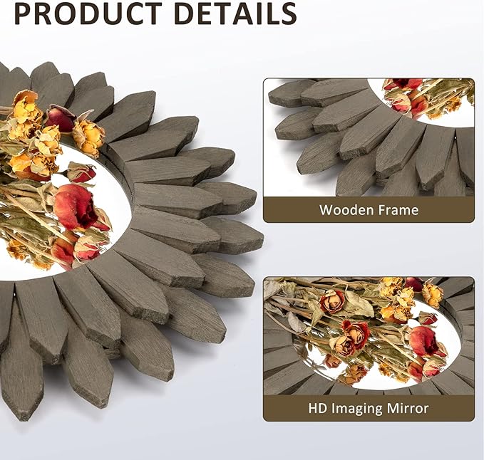 Honiway Farmhouse Wall Decor Mirror 12 inch Sunburst Boho Wood Mirror Rustic Home Decor Room Decoration for Bedroom Living Room Weathered Grey-Ruum Studio Home