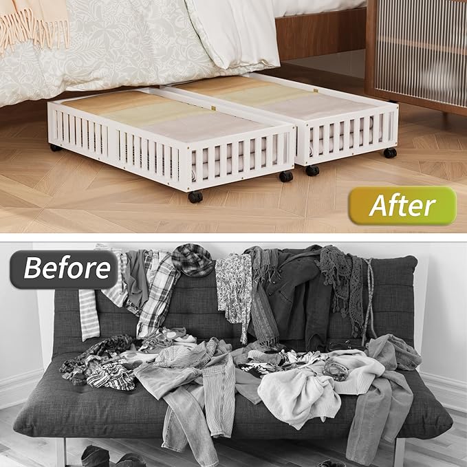 Bamboo Under Bed Storage with Wheels (2-Pack) – Rolling Underbed Shoe Organizer Box for Shoes, Blankets, Toys, Clothes Container Space-Saving Organizer Bins for Bedroom, Closet, Dorm, Nursery-Ruum Studio Home