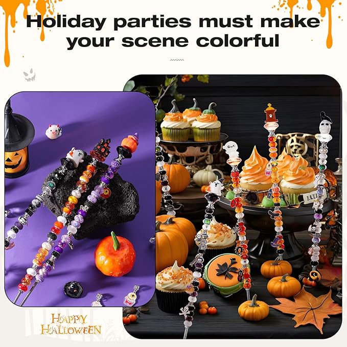 358PCS Halloween Beaded Garden Stakes, DIY Halloween Fairy Wand Garden Stake Decorative Kit with 12 in or 10 in Threaded Rod, Crystal Top, Large Holes Bead, Pendant for Outdoor or Indoor Decoration-Ruum Studio Home