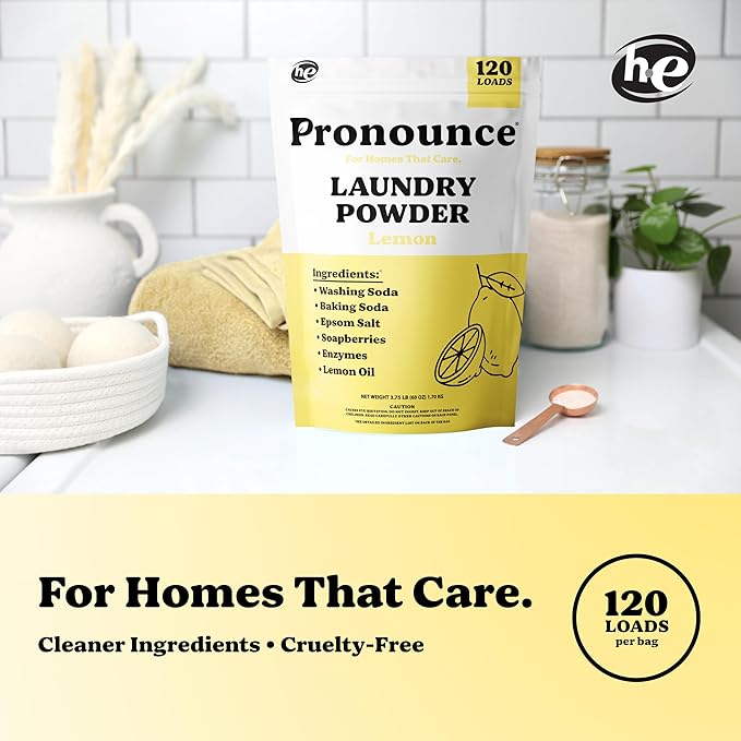Pronounce Laundry Detergent Powder Alternative | Earth-Derived Ingredients, Eco-Friendly, Safer for Sensitive Skin, Eczema, and Babies. Stain + Smell Fighting. HE Safe (Lemon, 120 Loads).-Ruum Studio Home