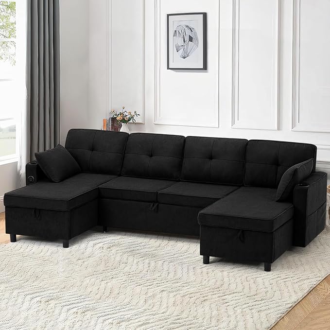 110 Inches Chenille Sectional Sofa w/Pull Out Sofa Bed & Adjustable Back, Tufted U Shaped Couch w/Two Storage Chaises, Sleeper Sectional Sofa w/USB Port & Cup Holders for Living Room, Black-Ruum Studio Home