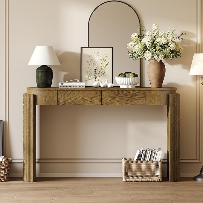 55" Sofa Table with Oval Top and 2 Drawers, Entryway Console Table with Fluted Design for Hallway,Foyer,Entry and Living Room (Fully Assembled-Pine Wood)-Ruum Studio Home