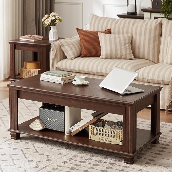 Farmhouse Coffee Tables for Living Room,Square Living Room Tables with Open Storage Shelf,Large Modern Coffee Table,Rustic Brown Center Table,Walnut-Ruum Studio Home
