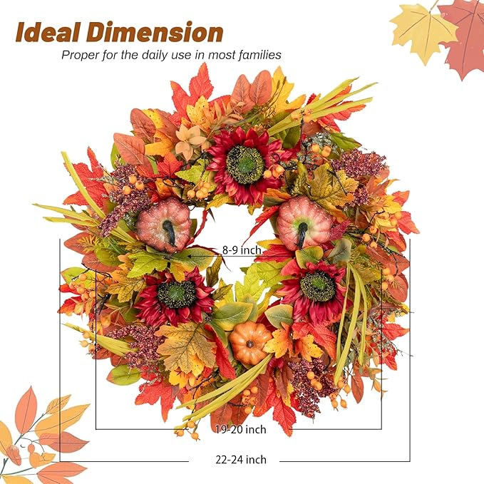 Fall Wreaths for Front Door 24 Inch- Full&Realistic Autumn Maple Leaves Wreath,Large Fall Door Wreath with Sunflower,Pumpkin,Berries for Thanksgiving Harvest Festival Decorations-Ruum Studio Home