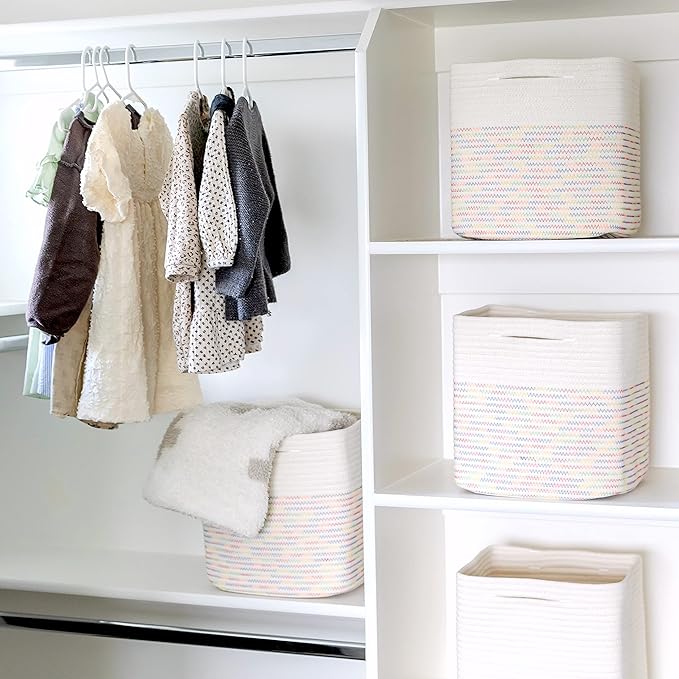 NaturalCozy Storage Cubes 11 Inch Cotton Rope Woven Baskets for Organizing, 3-Pack | Cube Storage Bin | Square Storage Baskets for Shelves Organizer, Classroom, Kids Toy Bins, Closet, Baby Nursery-Ruum Studio Home