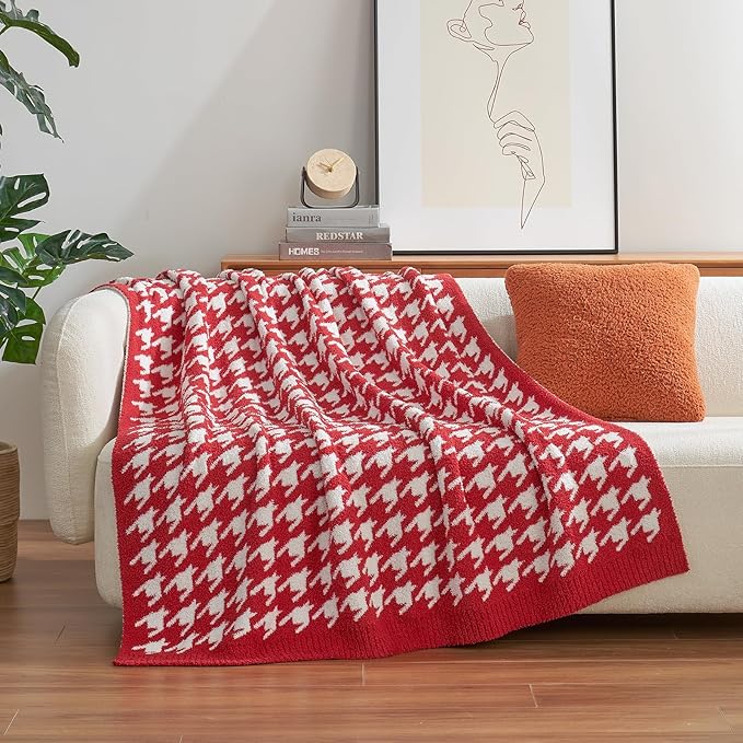 Snuggle Sac Christmas Red Houndstooth Throw Blanket for Couch, Reversible Super Soft Warm Blankets Cozy Knit Fuzzy Plush Lightweight Throws for Sofa Bed Houndstooth Red, 50x60 inches-Ruum Studio Home