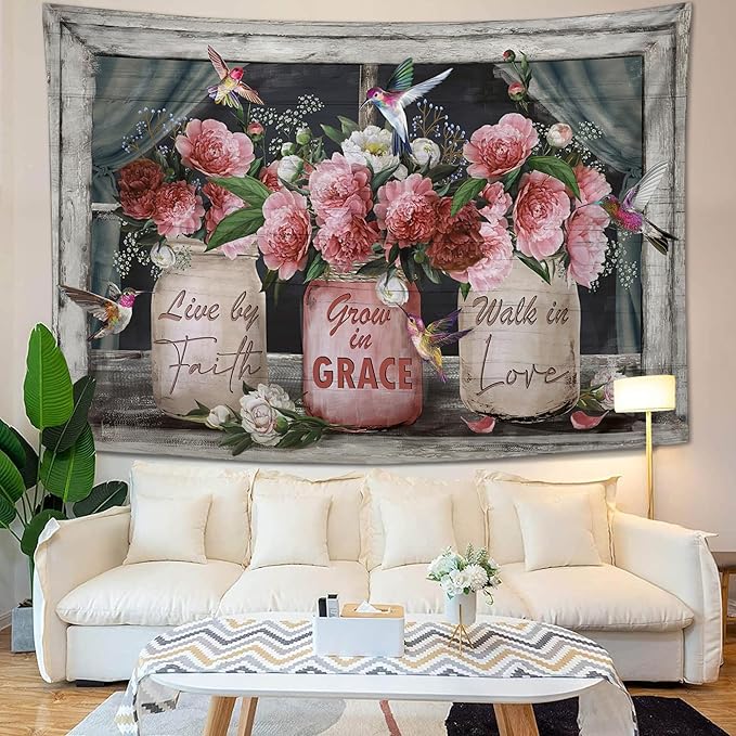 yowecso Farmhouse Rose Tapestry Peony Flower Tapestry Wall Hanging for Bedroom Floral Tapestries Aesthetic Wall Decor for Home Dorm Living Room 50"x60"-Ruum Studio Home