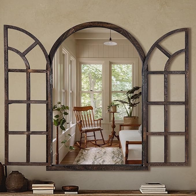 Arched Wall Mirror with Window Design, 36"x24" Rustic Farmhouse Wood Mirror for Wall Decor, Decorative Vintage Arch Mirror for Living Room, Bedroom, Entryway-Ruum Studio Home