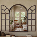 Arched Wall Mirror with Window Design, 36"x24" Rustic Farmhouse Wood Mirror for Wall Decor, Decorative Vintage Arch Mirror for Living Room, Bedroom, Entryway-Ruum Studio Home