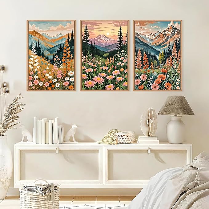 HPINUB Mountain Sunset Floral Framed Canvas Wall Art Set,Colorful Wildflower Daisy Flower Wall Decor,Boho Blossom Botanical Artwork Modern Nature Landscape Art Print for Living Room,Bedroom-16 x24 x3-Ruum Studio Home