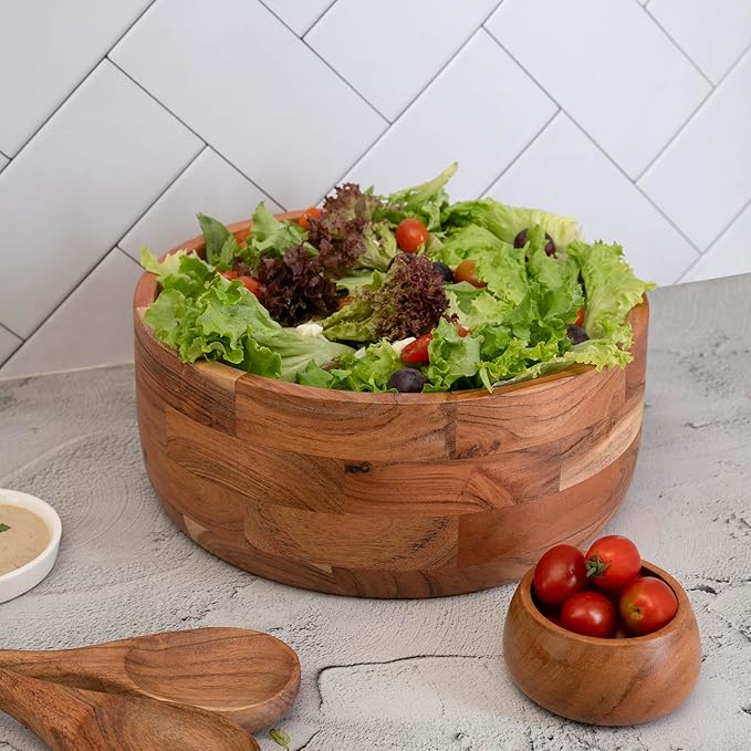 Luxe Designs 12" Wooden Salad Bowl Set with Serving Utensils Eco-Friendly, Multipurpose Mixing & Serving Bowl for Salads, Pasta, Fruits & More – Durable & Stylish Kitchen Essential-Ruum Studio Home