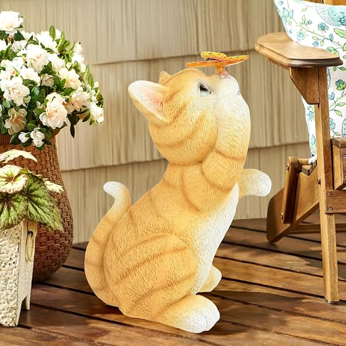 Solar Garden Statue Cat Figurine,Resin Cat Statue Playing Butterfly,Outdoor Decoration for Patio,Balcony,Yard, Lawn-Unique Housewarming Gift for Garden Mom Grandma-Ruum Studio Home