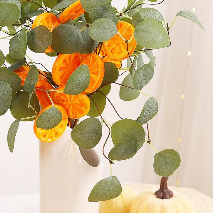 Eucalyptus Stems, 4PCS Artificial Lemon Stems Faux Citrus Branches Plastic Decor for Kitchen, Table Centerpieces, Entryway, Thanksgiving Wedding Party (Green)-Ruum Studio Home