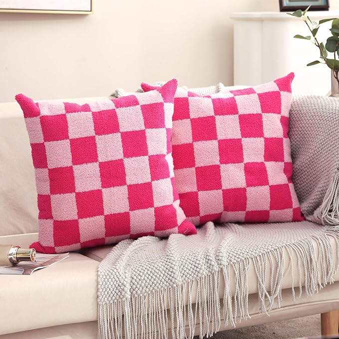 Alysheer Checkered Embroidered Decorative Throw Pillow Covers 18"x 18" Set of 2, Farmhouse Cottage Hot Pink Plaid Tufted Patterned Cotton Canvas Cushion Case for Sofa Couch Bed Living Room-Ruum Studio Home