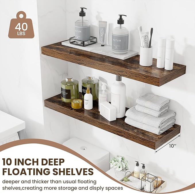 Fun Memories Floating Shelves for Wall 36 Inches, Wood Shelves with Invisible Bracket, 10" Deep Shelves Wall Mounted, Large Floating Shelves for Living Room Bathroom, Rustic Brown, Set of 2-Ruum Studio Home