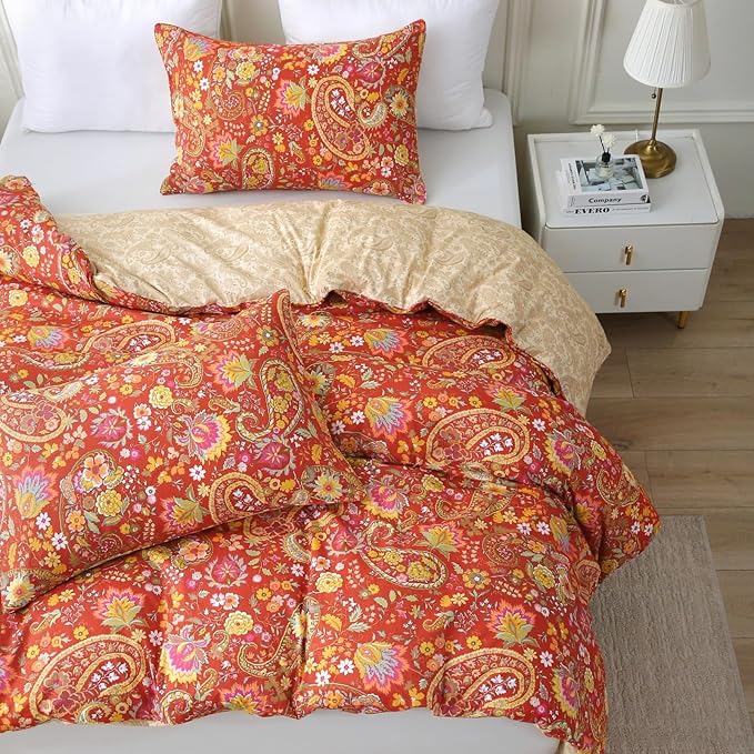 ABREEZE Paisley Bedding Sets 3Pcs Brushed Cotton Duvet Cover Set King Size Rustic Damask Red Floral Comforter Cover with Zipper Closure Boho Bedding Collections-Ruum Studio Home