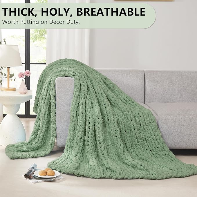 L'AGRATY Chunky Knit Blanket Throw: 80''x90'' Chenille Chunky Knitted Throw Blanket for Bed Couch - Handmade Thick Big Cable Knit Blanket - Large Chunky Crochet Blanket for Home Decor(Sage Green)-Ruum Studio Home