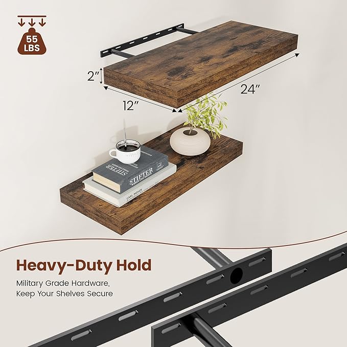 12" Deep Floating Shelves for Wall 24 Inches Long, Heavy Duty Wall Shelves for Bedroom Bathroom Kitchen Laundry Room, Farmhouse Rustic Shelves for Home Decor, 24" X 12" X 2" Set Of 2, Rustic Brown-Ruum Studio Home