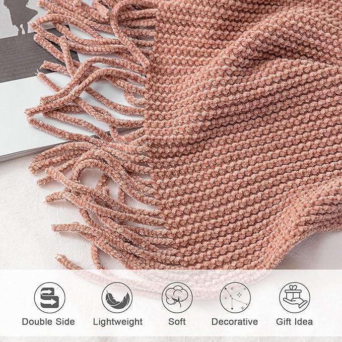 lifein Pink Throw Blanket for Couch, Soft Boho Decor Bed Throw,Cozy Chenille Knitted Small Farmhouse Lightweight Throw for Spring(Pink,50 * 60")-Ruum Studio Home