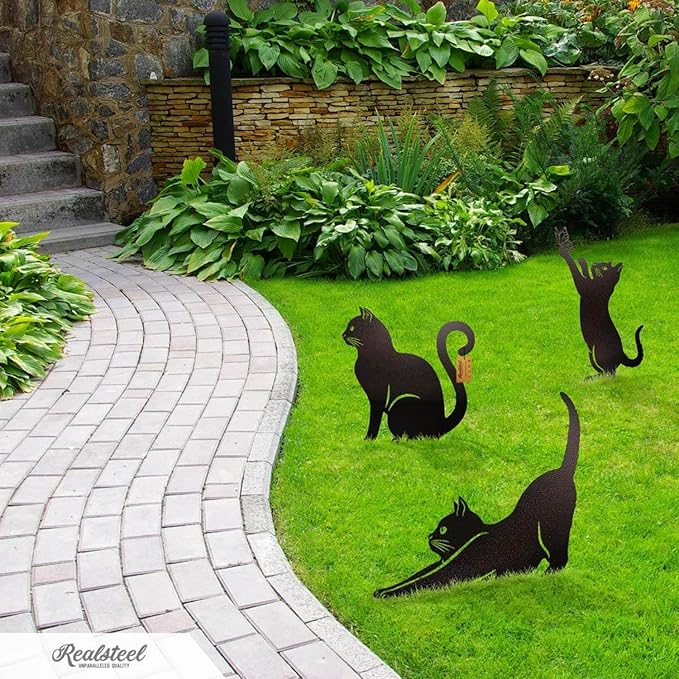 RealSteel I 3 Pack Steel Cat Garden Decor I Outdoor Yard Decorations I Gift for Cat Lovers I Lawn Ornaments and Statues I Garden Signs Decorative Outdoor - Textured Silver-Ruum Studio Home