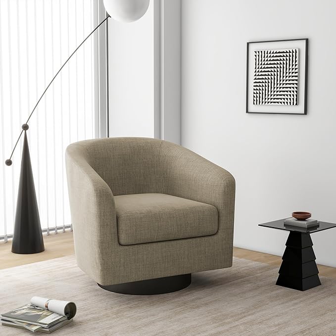 Swivel Barrel Accent Chair, Modern Round Linen Arm Chair for Living Room, Bedroom, Comfy Club Reading Chairs for Adults, Linen Fabric, Light Brown, Set of 2-Ruum Studio Home