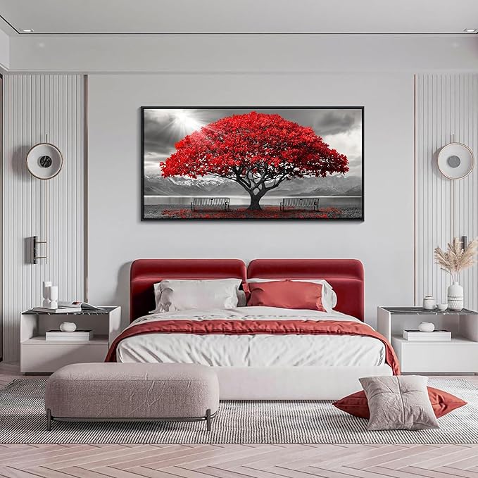 AJAZIKO Red Wall Art - Modern Framed Wall Art for Living Room - Red Tree Black and White Landscape Canvas Prints Posters & Prints for Home Office Bedroom Decorations - Large Wall Pictures 29×58IN-Ruum Studio Home