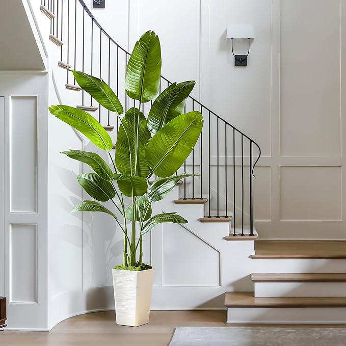 Lifelike Bird of Paradise Silk Artificial Plant Faux Banana Leaf Tree for Home Decor - Perfect Indoor Floor Plant with 11 Trunks (1, White Tall Planter, 6.6 FT)-Ruum Studio Home