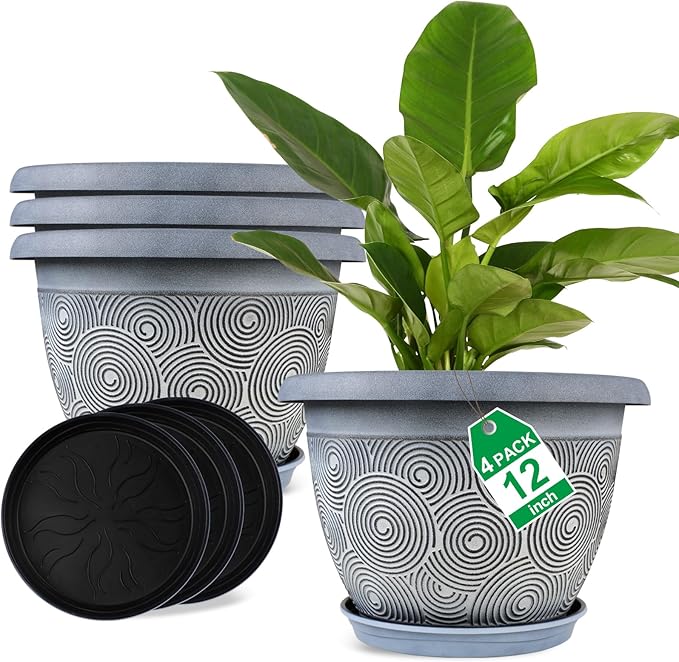 12 Inch Large Planter Pot for Plants Indoor Outdoor, 4 Pack Plastic Flower Pots with Drainage Hole & Tray, Modern Decorative Garden Pot with Saucer, Plant Container for House-Ruum Studio Home