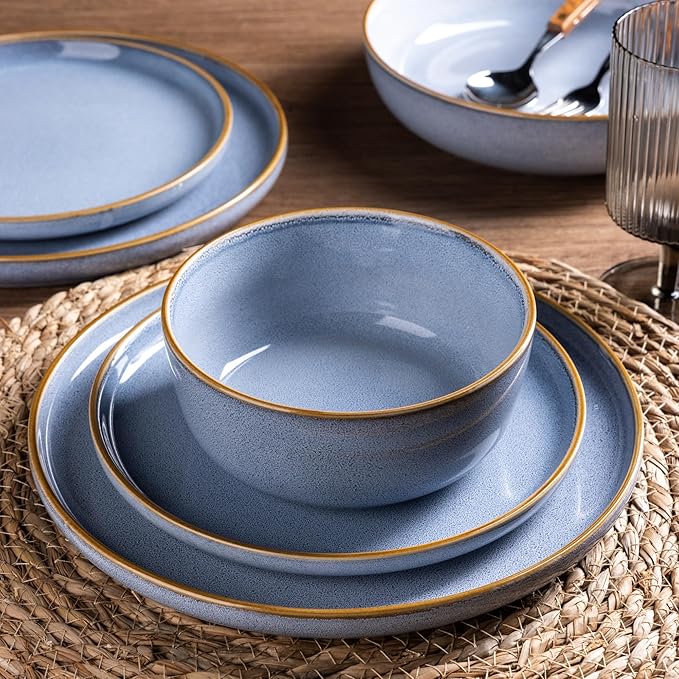 GBHOME Ceramic Dinnerware Sets for 6, 18 Pieces Stoneware Plates and Bowls Sets, Scratch Resistant Dish Sets for Dinner, Dishwasher & Microwave Safe, Brunnera Blue-Ruum Studio Home