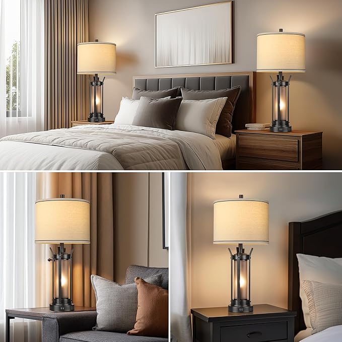 QiMH Farmhouse Table Lamps for Living Room, Beside Lamps for Bedroom with USB A+C Charging Ports, Rustic Nightstand Lamp Set of 2 with Frosted Glass Night Light, 4 Bulbs Included (Black)-Ruum Studio Home