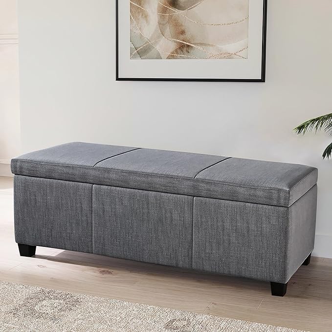 BELLEZE Storage Ottoman, 47 Inch Bench Bedroom Bench with Safety Close Hinge, Extra Long Ottoman with Storage for Living Room, Entryway, Hallway, Foot Rest, Support 300lbs - Gray-Ruum Studio Home