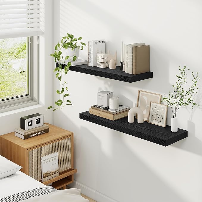 Fun Memories Floating Shelves for Wall, 32 Inch Rustic Wood Wall Mounted Shelves for Bathroom, Bedroom, Kitchen, Living Room, Deep Floating Shelves for Storage & Home Decor (Black, Set of 2)-Ruum Studio Home