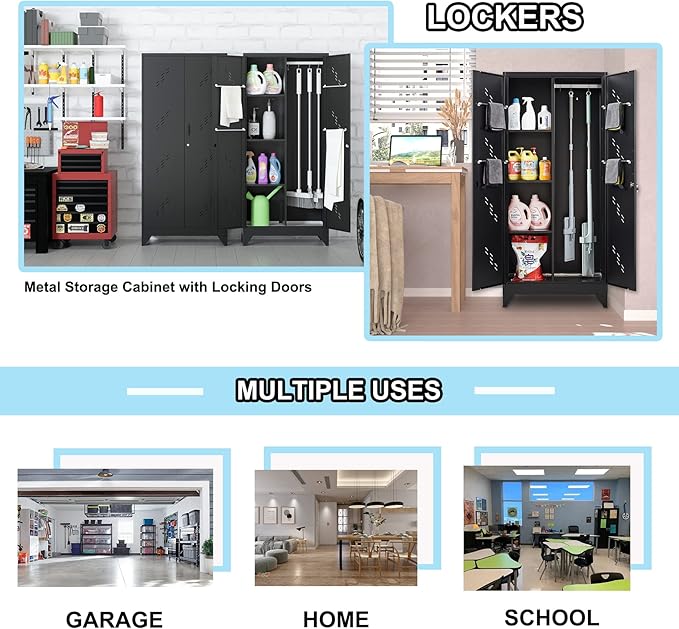 71" Broom Closet Cabinet with Hanging Rod, Tall Black Metal Storage Cabinet for Bathroom, Utility Room, and Garage-Ruum Studio Home