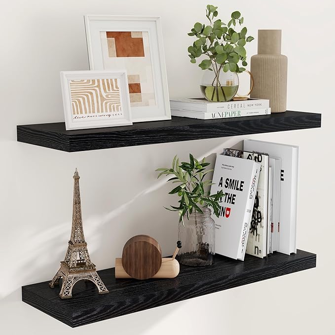 Fun Memories Black Floating Shelves 36 Inch Long, 9 Inch Deep Wall Shelves Set of 2, 36 x 9 Floating Shelf for Wall, Rustic Wood Floating Shelves for Kitchen, Living Room, Bedroom-Ruum Studio Home