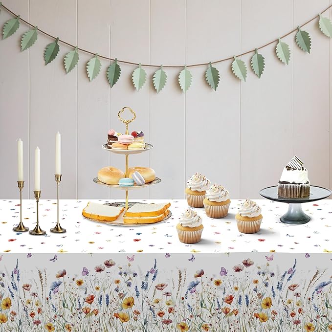 Floral Tablecloth 4 Packs 54x108 Inch - Butterfly Spring Wildflower Plastic Table Cover for Wedding Decorations Easter, Baby in Bloom Showers & Mother's Day Tea Parties Disposable Rectangle Tablecloth-Ruum Studio Home