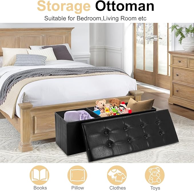 43 Inches Folding Storage Ottoman Bench, PU Leather Storage Chest, Footrest Padded Seat for Bedroom and Hallway, Holds up to 660 lbs, Black-Ruum Studio Home