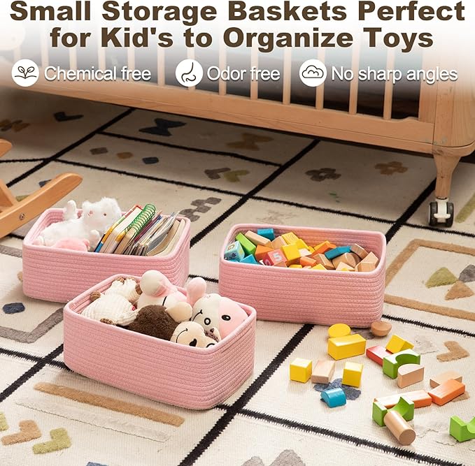 3 Pack Small Storage Baskets for Organizing, Cute Woven Decorative Gift Baskets for Shelves, Mini Closet Organizer Bins with Handles, 11.81''Lx7.87''Wx4.72''H-Pink-Ruum Studio Home
