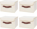 ANMINY 4PCS Storage Bins with Lid PU Leather Handles Storage Boxes PP Plastic Board Decorative Foldable Lidded Cotton Linen Fabric Home Cubes Baskets Closet Organizer Containers - Beige, Small Size-Ruum Studio Home