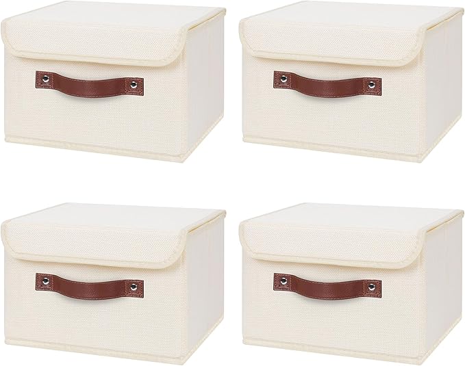 ANMINY 4PCS Storage Bins with Lid PU Leather Handles Storage Boxes PP Plastic Board Decorative Foldable Lidded Cotton Linen Fabric Home Cubes Baskets Closet Organizer Containers - Beige, Small Size-Ruum Studio Home