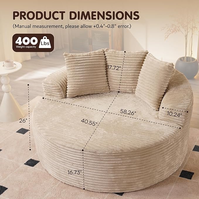 ovios 58" Oversized Round Chair Lounge Chaise Indoor, No Assembly Required, Cloud Large Circle Chair with Plush Fuax Fur, Fluffy Modern Sleeper Sofa Bed for Reading Yoga, Beige (Plush Corduroy Fabric)-Ruum Studio Home