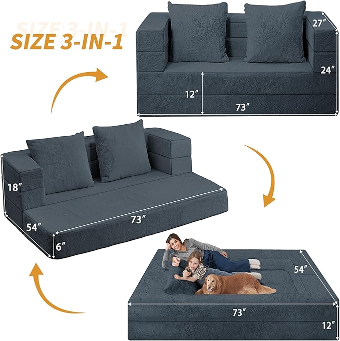 Folding Bean Bag Chair for Adults,3-in-1 Bean Bag Couch Faux Fur Floor Sofa Large Beanbag Convertible Bean Bag Sofa Bed with Pillow in Bedroom,Living Room,Apartment(Queen,Dark Grey)-Ruum Studio Home