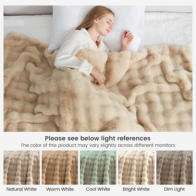 Cozy Bliss Faux Fur Throw Blanket for Couch, Fuzzy Soft Plush Thick Bubble Blanket for Sofa Bedroom Living Room, 50 * 60 Inches Beige-Ruum Studio Home