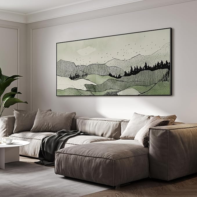 SIGNWIN 36"x72" Extra Large Framed Wall Art Green Line Art Mountain Landscape Illustration for Home Living Room Bedroom Decor (Frame Assembly Required)-Ruum Studio Home